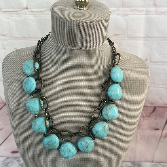 Premier Designs faux turquoise stone brass tone necklace & earrings matching set - Picture 3 of 8
